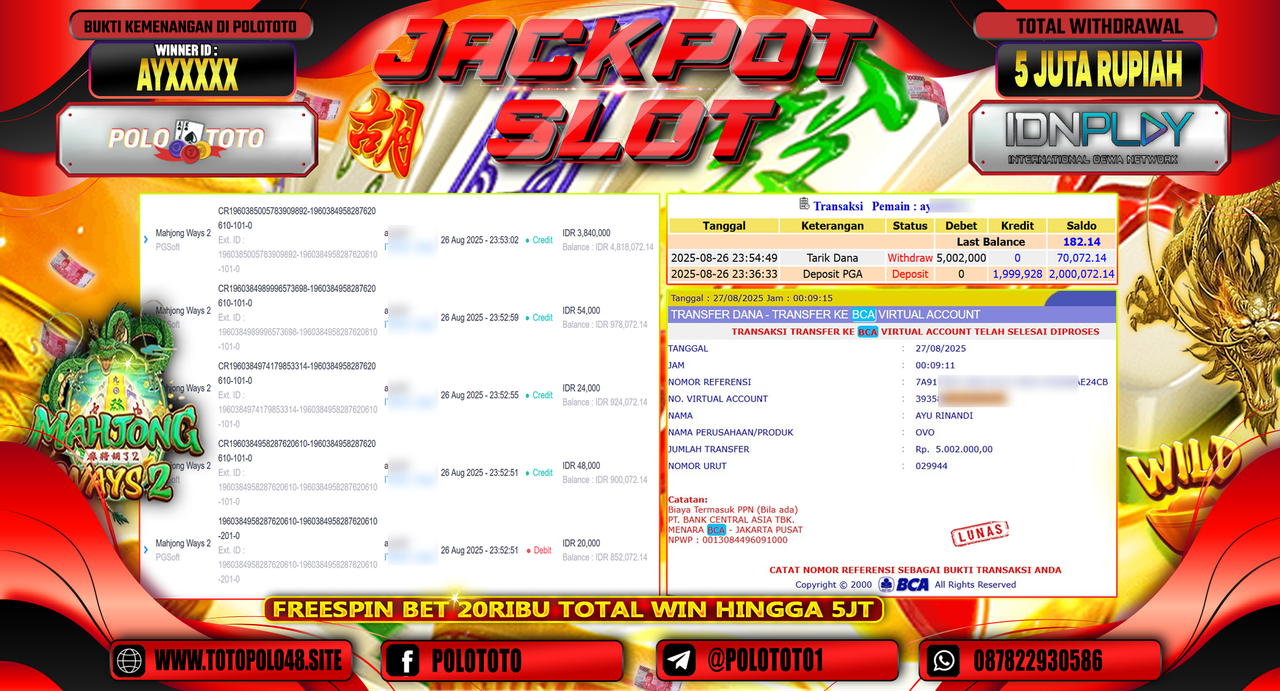 POLOTOTO JACKPOT SLOT MAHJONG WAYS 2 Rp.5.002.000,-