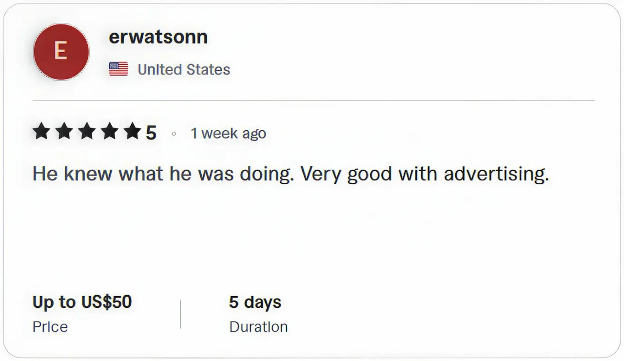 Five-star Fiverr review by erwatsonn highlighting expert advertising knowledge: 'He knew what he was doing. Very good with advertising.'