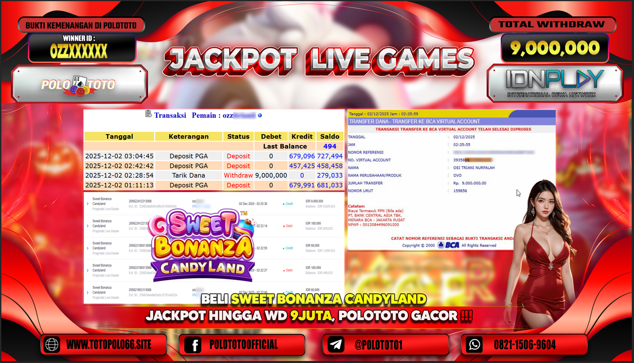 POLOTOTO JACKPOT SLOT SWEET BONANZA CANDYLAND Rp.9.000.000,- LUNAS