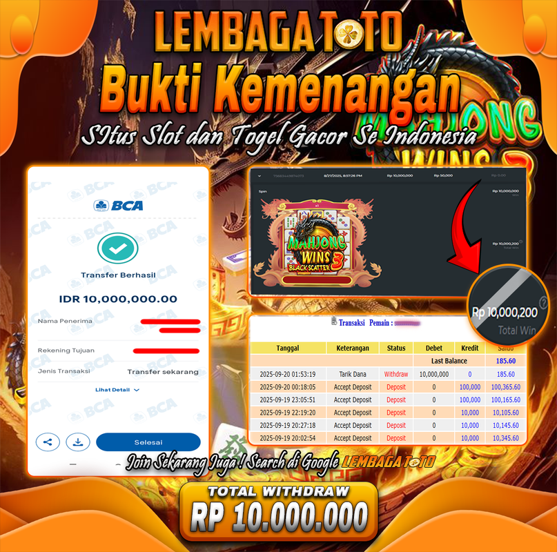 BUKTI JACKPOT 20 SEPTEMBER LEMBAGATOTO MAHJONG WINS 3  Rp.10.000.000,- LUNAS