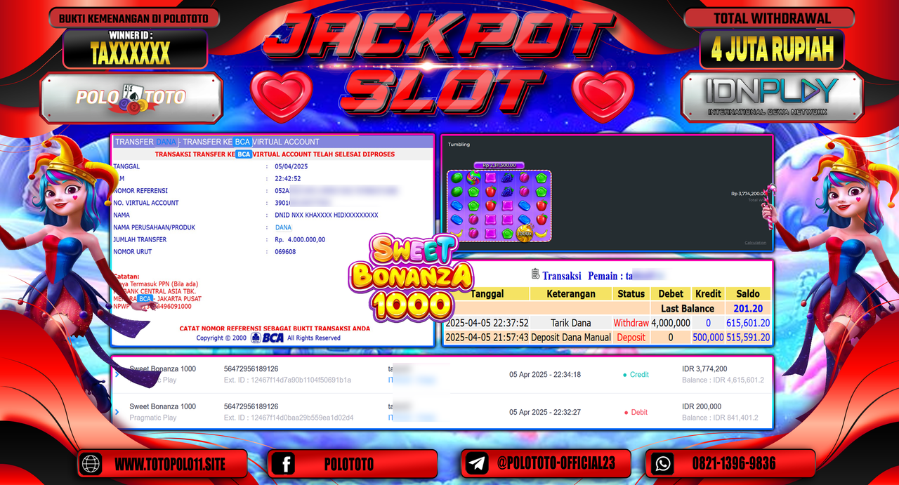 POLOTOTO JACKPOT SLOT SWEET BONANZA 1000  Rp.4.000.000,- LUNAS
