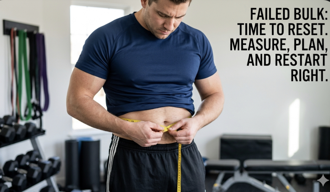 Person measuring waist with tape measure after failed bulk, showing how to reset before restarting bulking and bulking plan correction