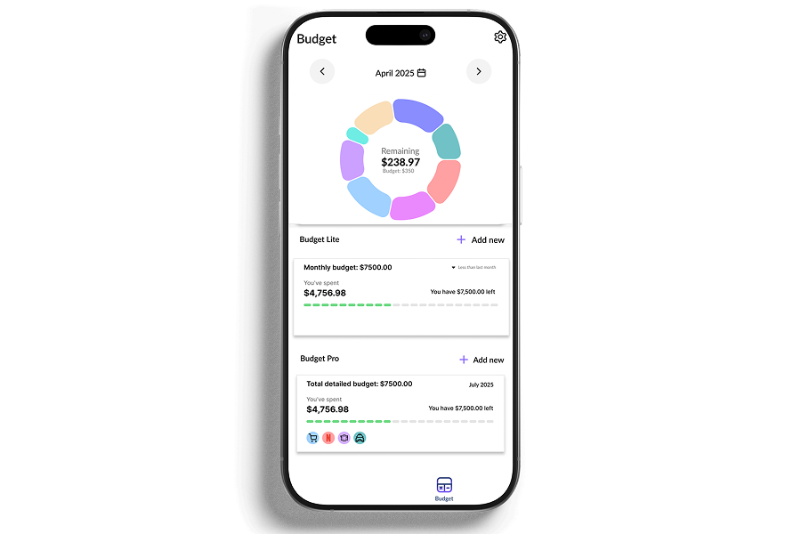 A mockup of the NeoSpend app's budgeting feature, showing progress bars and spending alerts.