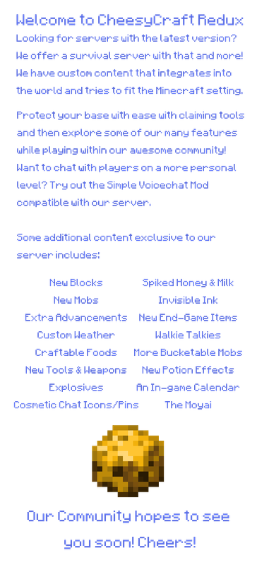 CheesyCraft Redux | 1.21.11 Survival+ | Voice Chat Support Minecraft Server