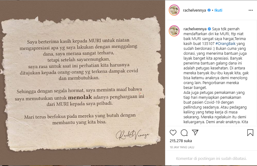 Rachel Vennya tolak penghargaan dari MURI