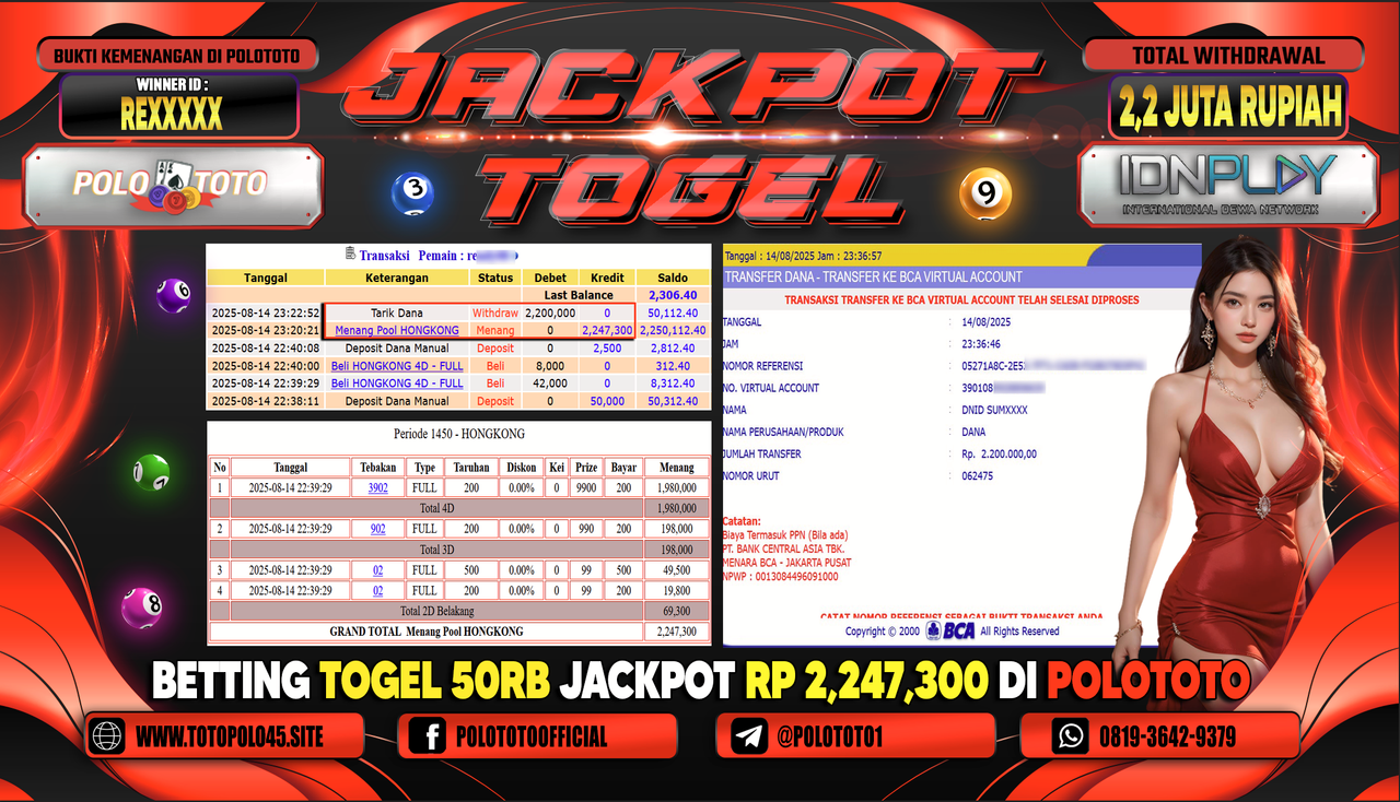 POLOTOTO JACKPOT TOGEL HONGKONG LOTTO Rp.2.200.000,-LUNAS
