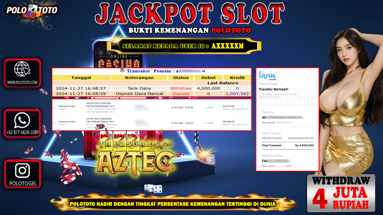 POLOTOTO JACKPOT SLOT TREASURES OF AZTEC Rp.10,000.000,-