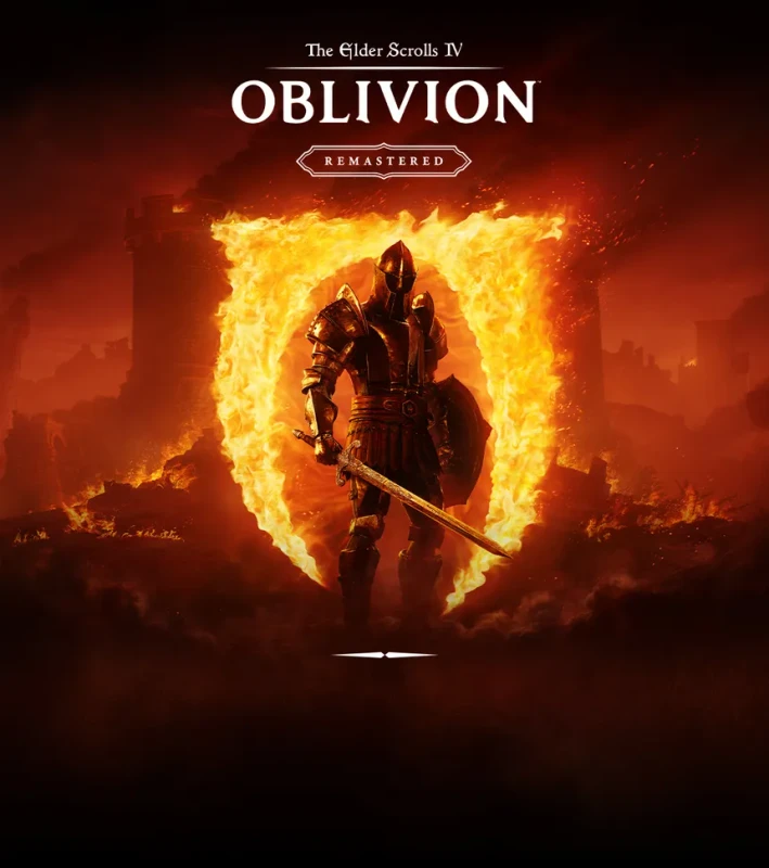 The keyart for Oblivion Remastered shows an Imperial Guard standing with his sword drawn in front of an Oblivion gate.