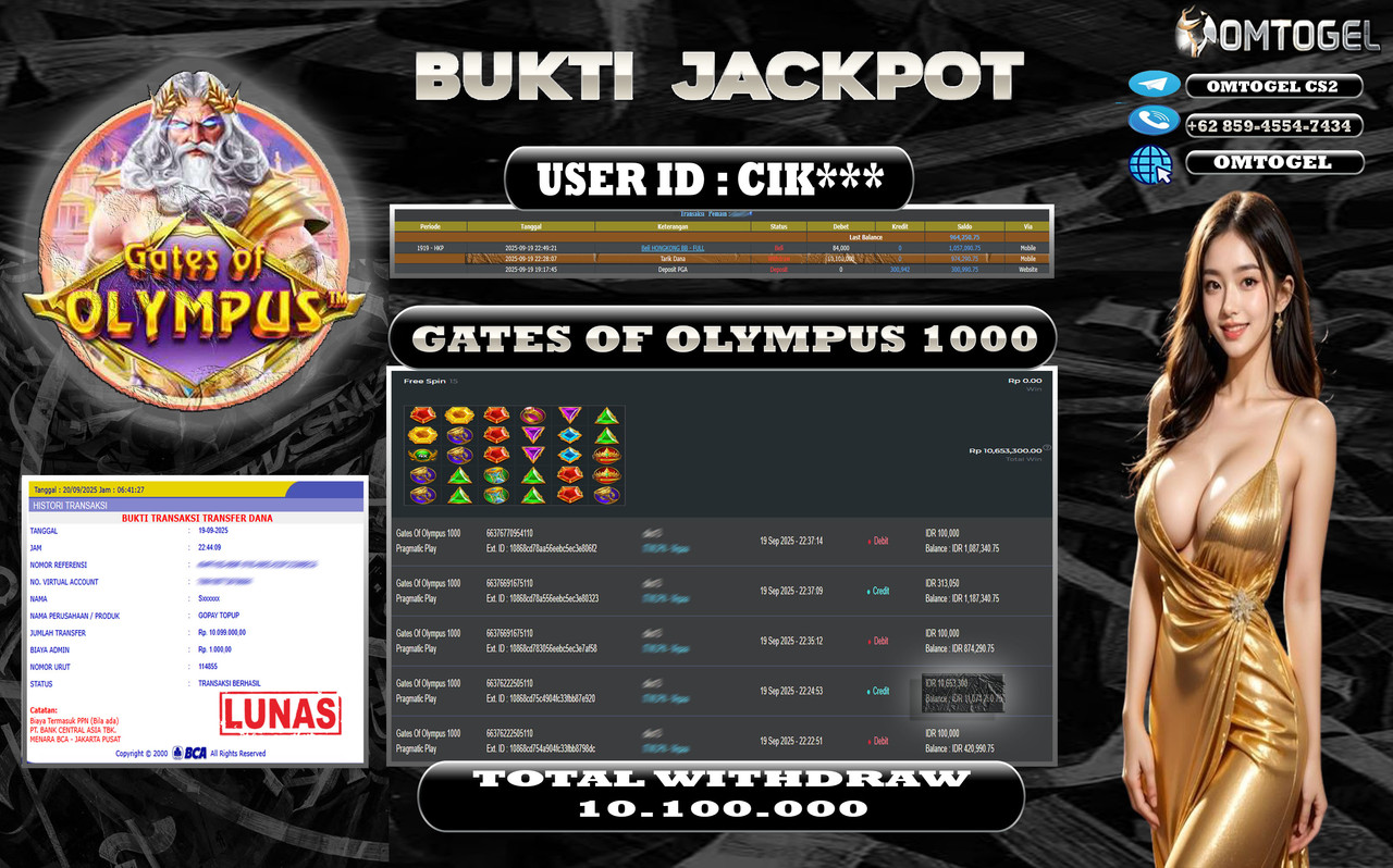 OMTOGEL JACKPOT PRAGMATIC PLAY GATES OF OLYMPUS 1000 10 JUTA DI BAYAR LUNAS ,-