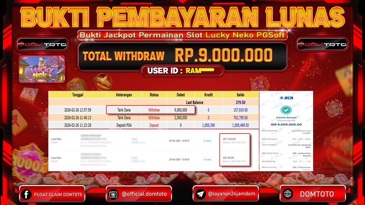 JACKPOT SLOT Lucky Neko PGSoft 26 FEBRUARI 2026