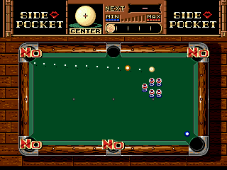 A screenshot of gameplay from Side Pocket on the Super Nintendo.