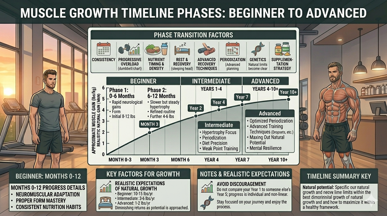 Muscle growth timeline phases from beginner to advanced showing natural muscle gain rate over 24 months