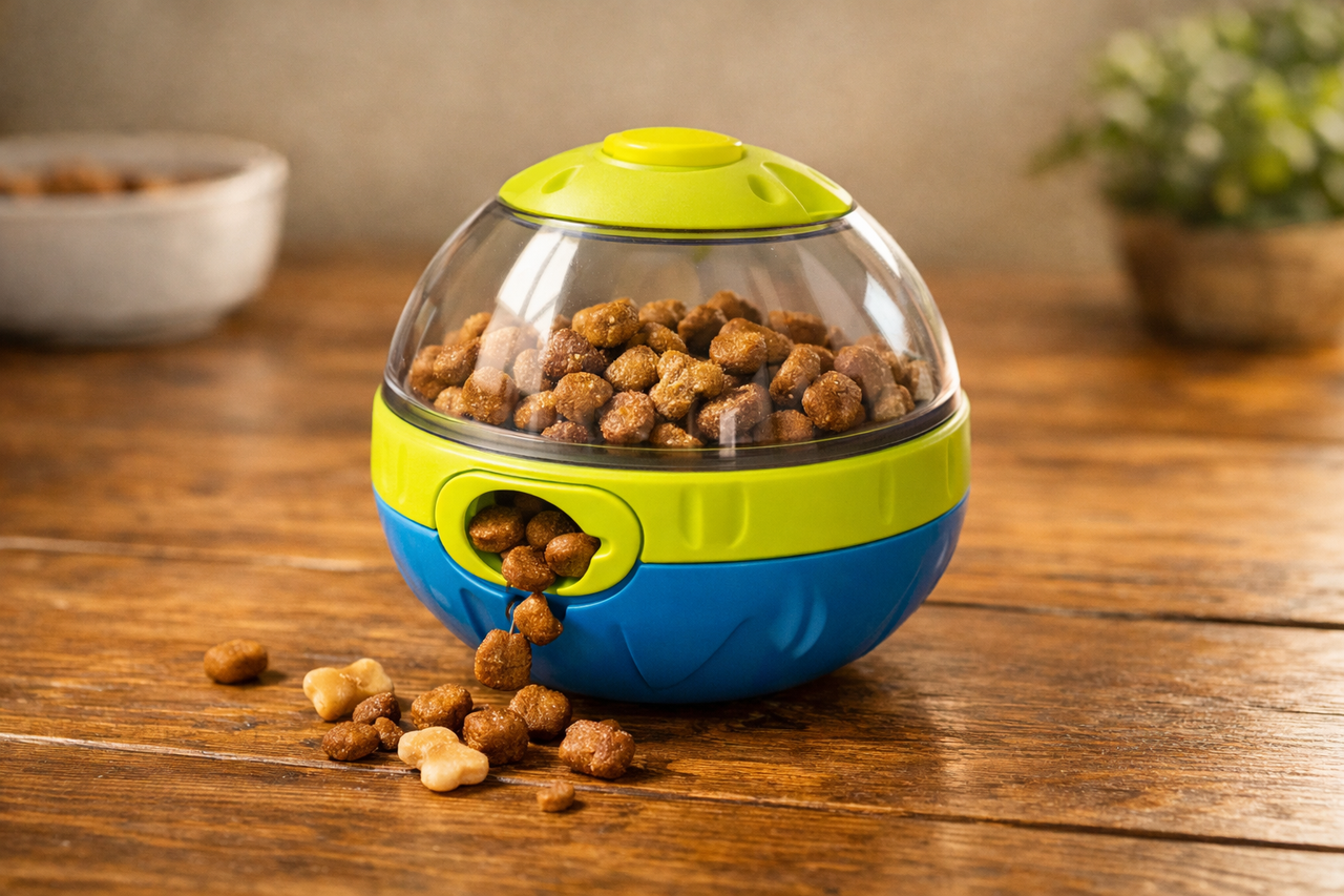 Brinquedo interativo distribuidor de ração para acalmar pet ansioso sozinho