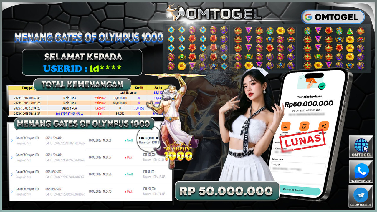 OMTOGEL JACKPOT PRAGMATIC PLAY GATES OF OLYMPUS 1000 50 JUTA DI BAYAR LUNAS ,-