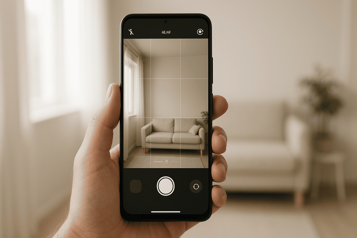 Рука держит Android на фоне комнаты, на экране интерфейс камеры