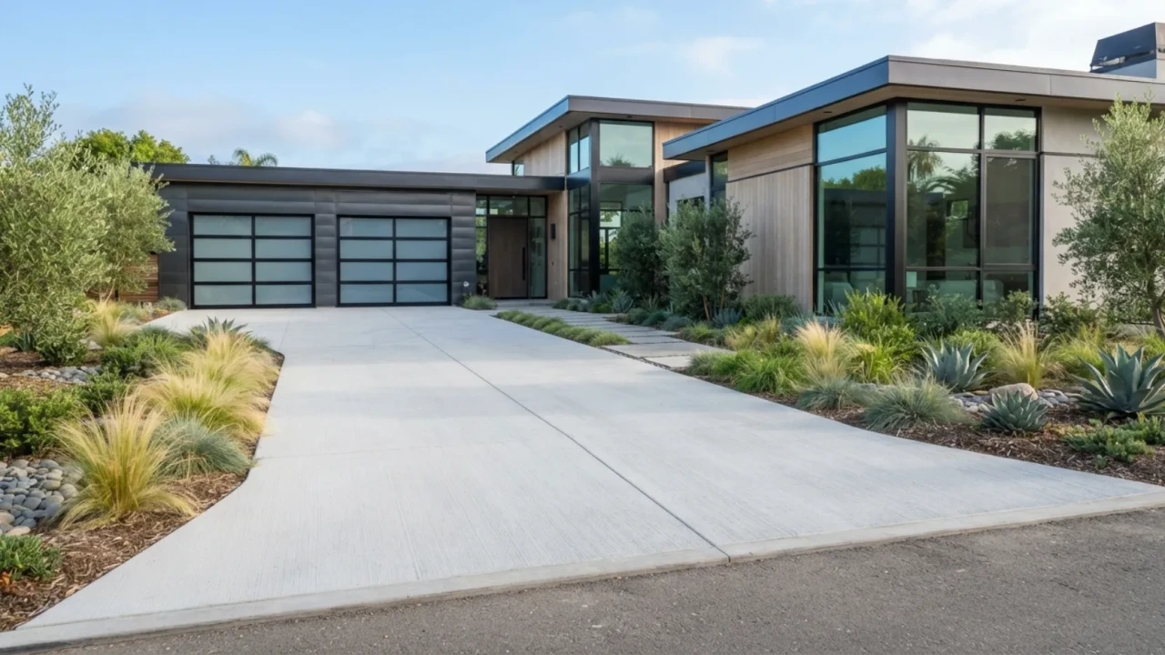 Modern home driveway with a clean broom finish concrete slab and garage