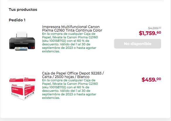 Office Depot: Impresora Canon Pixma G2160 con paquete de 500 hojas