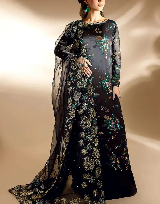 Black Luxury Embroidered Chiffon Wedding Dress – Unstitched Party & Wedding Wear for Women (Zari, Sequins, Thread Work)