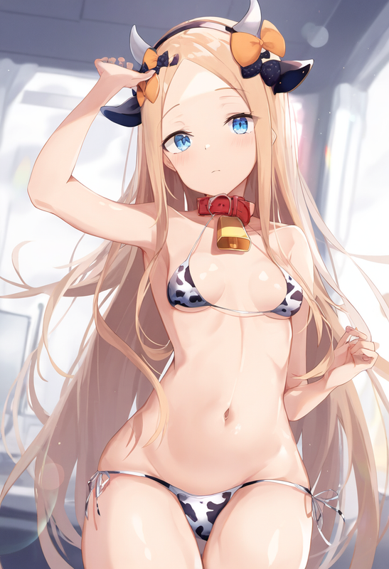 1girl, abigail williams (fate), small breasts, lighting, {{shiny skin}}, cow bik s-994146999