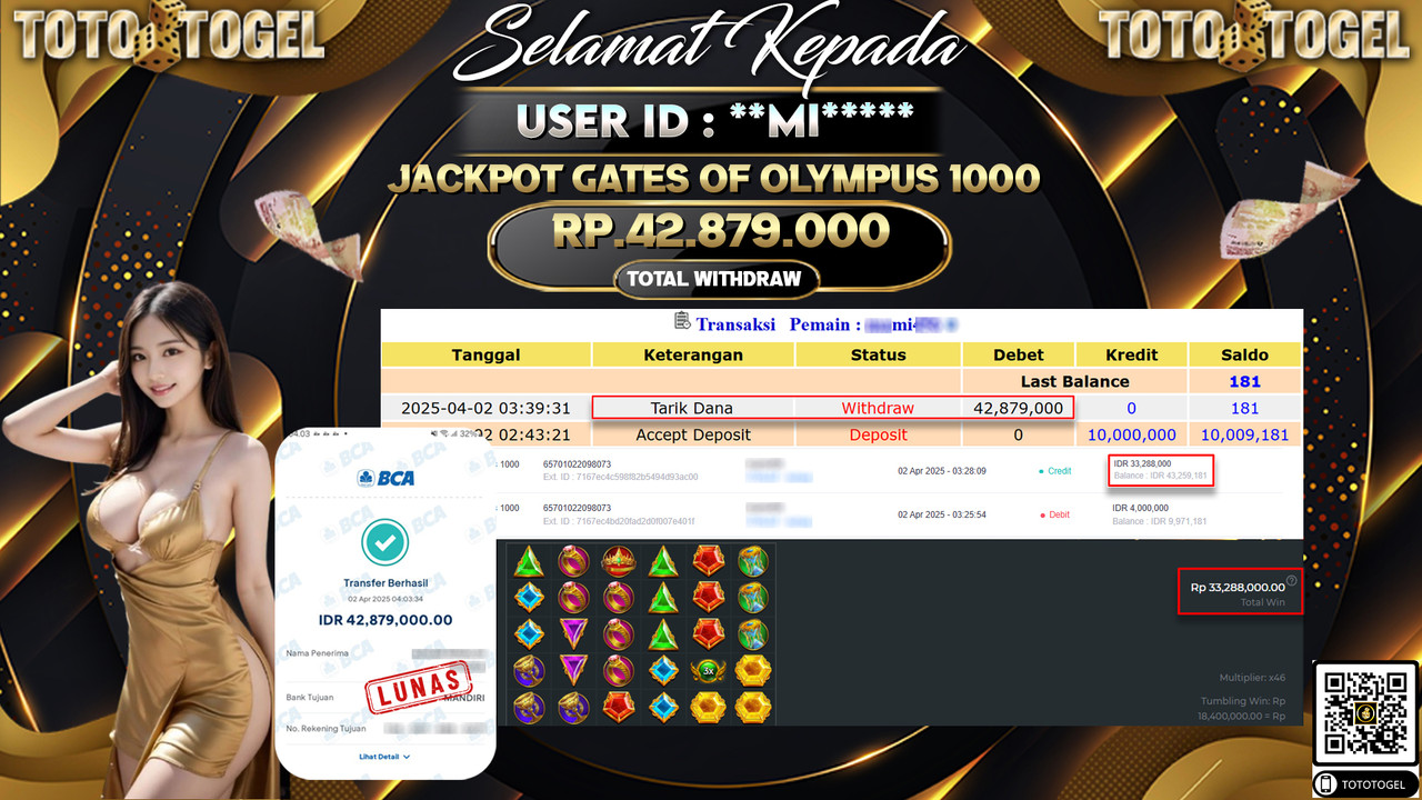 Bukti Pembayaran Jackpot  Permainan Slot Gates Of Olympus 1000 ID:**MI**** LUNAS