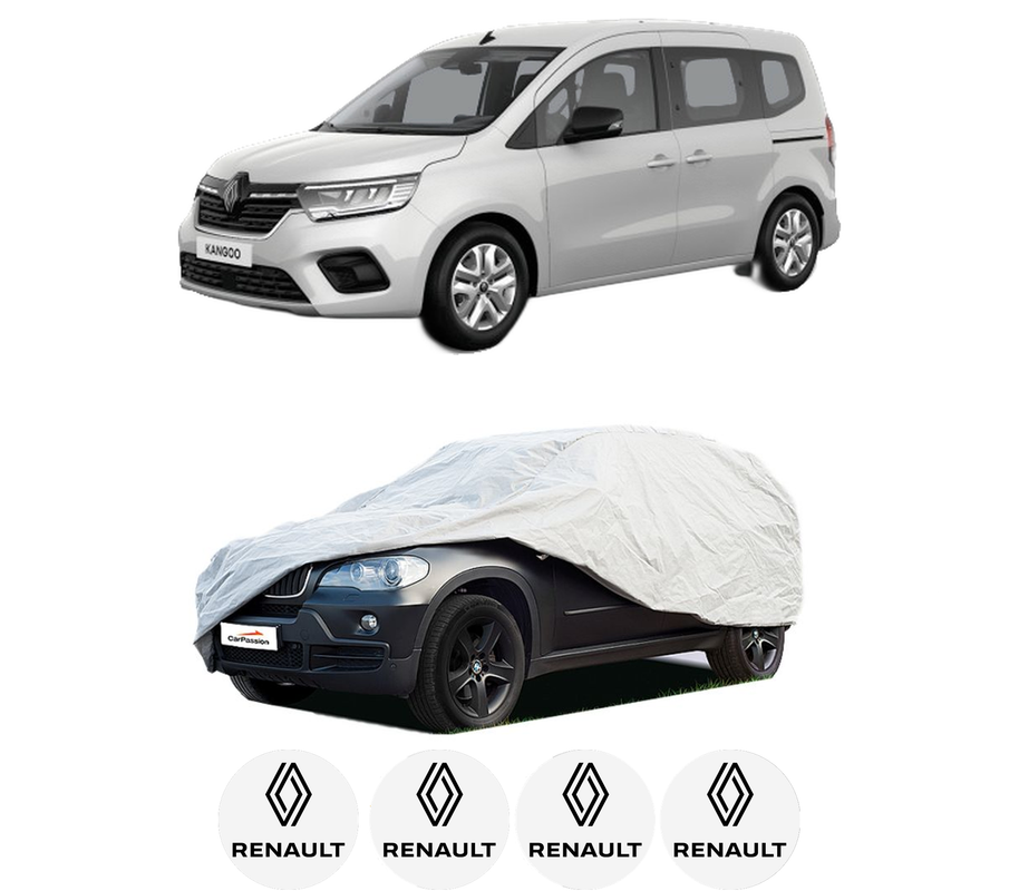 Husa tip prelata auto pentru RENAULT KANGOO III Box Body/MPV din 2021-2022, Culoare Gri, material textil impermeabil, rezistanta la intemperii praf UV, CARPASSION Husa Protectie, 4 Stickere auto cu RENAULT