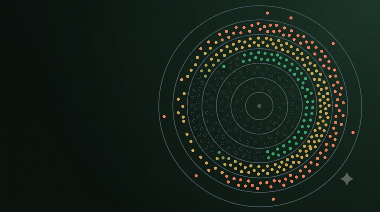 Concentric rings around a central point, with hollow consumed dots near the centre and bright filled dots further out
