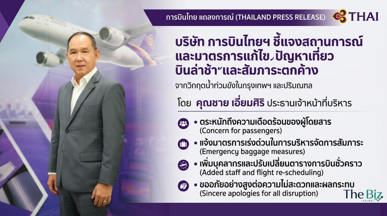 บริษัท การบินไทย จำกัด (มหาชน) โดย คุณชาย เอี่ยมศิริ ประธานเจ้าหน้าที่บริหาร ได้จัดแถลงข่าวชี้แจงสถานการณ์และมาตรการแก้ไขปัญหาเที่ยวบินล่าช้าและสัมภาระตกค้าง