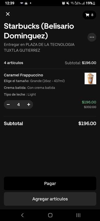 Uber Eats: Starbucks 4 frapuccinos grandes por $46 (Aplicando 2x1 y descuento de $150 con Uber One) 
