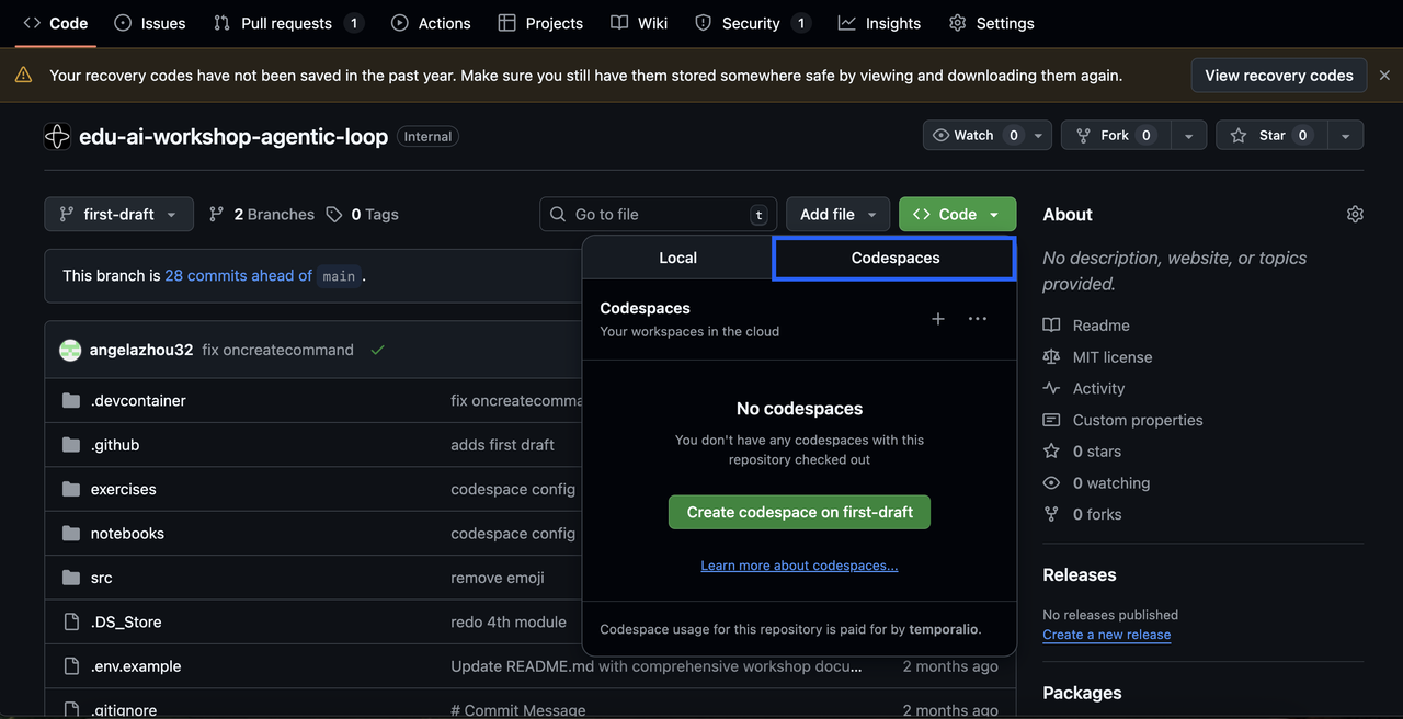 1 — Launch Codespace