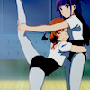 Karen wrapping her arms around Mahiru's waist, while Mahiru assists her with a warmup stretch for ballet.