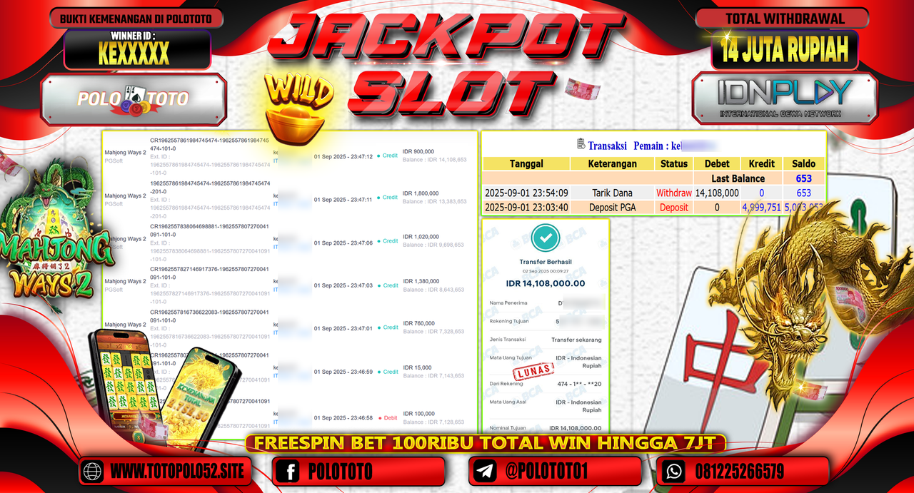POLOTOTO JACKPOT SLOT MAHJONG WAYS 2 Rp.14.108.000,-