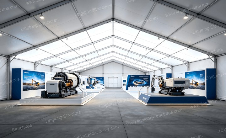 Hannover Messe tent interior with transparent roof and conference lighting