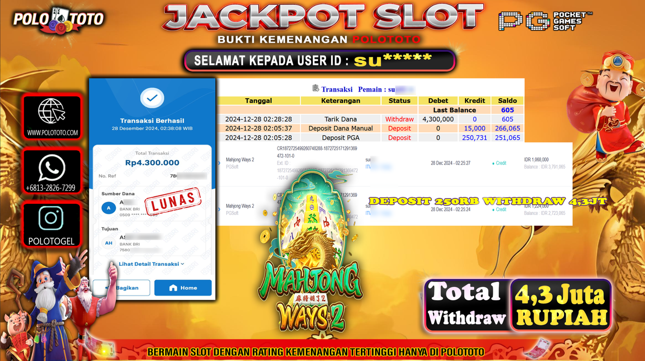 POLOTOTO JACKPOT SLOT MAHJONG WAYS 2 Rp.4,300.000,-