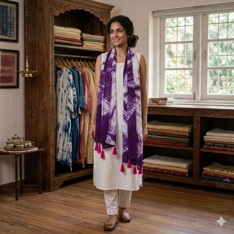 Purple white Bliss Tie & Dye MulMul Cotton Dupatta