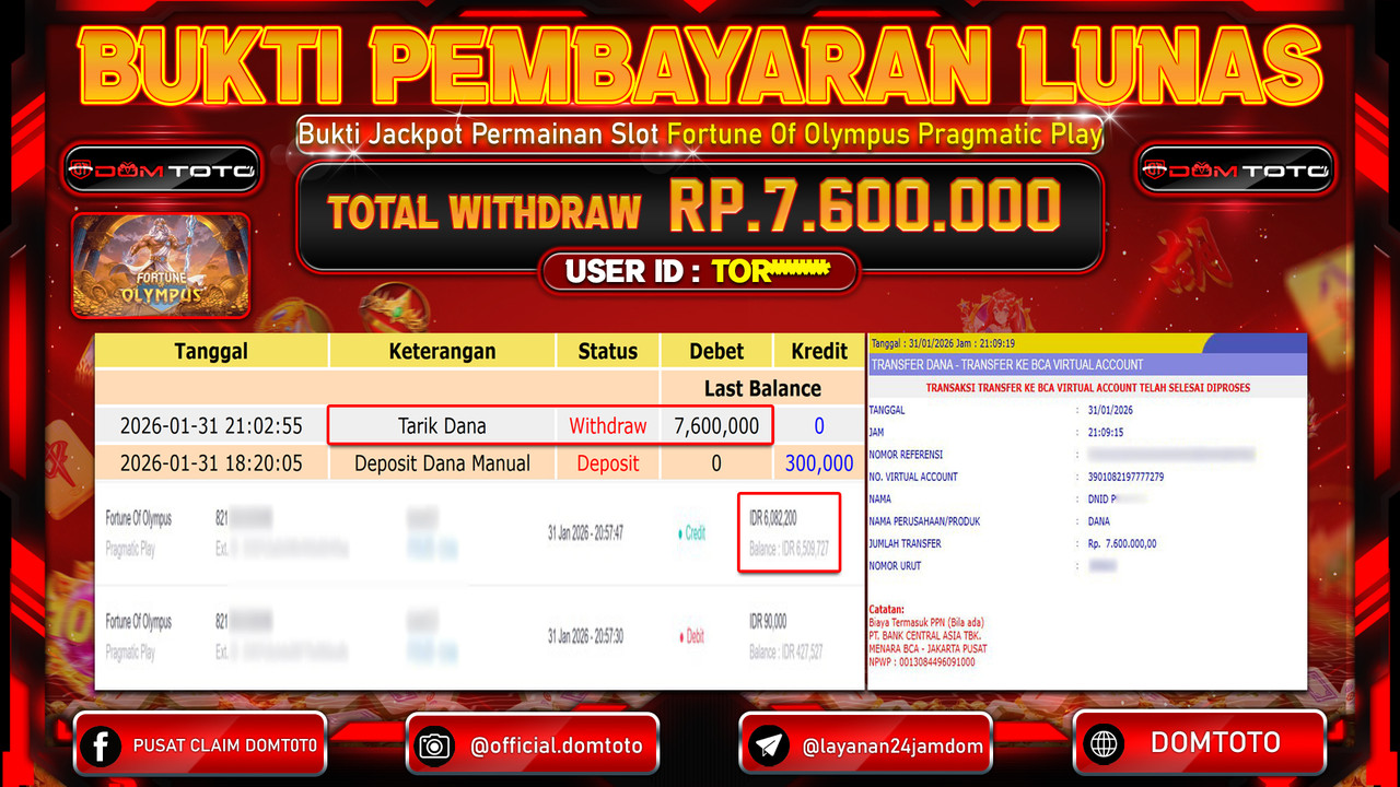 JACKPOT SLOT Fortune Of Olympus Pragmatic Play 31 JANUARI 2026
