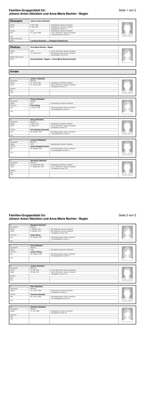 Familien Gruppenblatt von Johann Anton Stöcklein und Anna Maria Bechler Begler