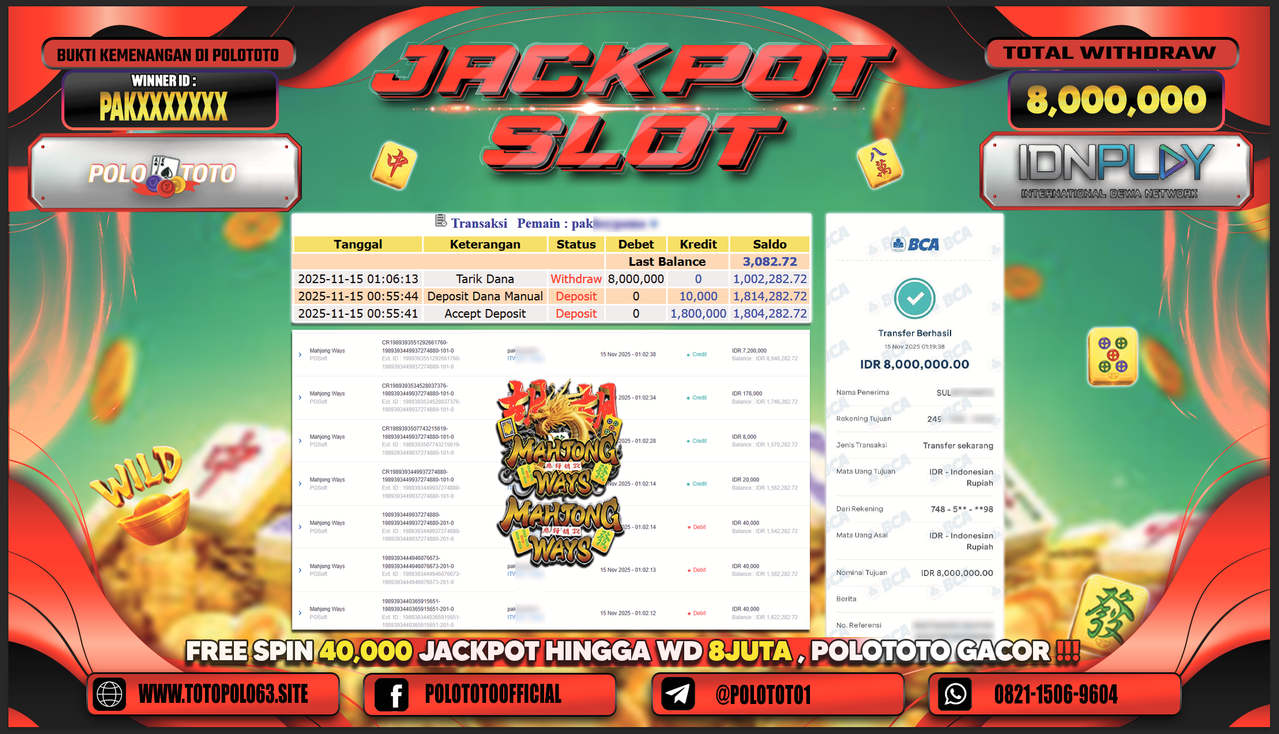 POLOTOTO JACKPOT SLOT MAHJONG WAYS Rp.8.000.000,- LUNAS