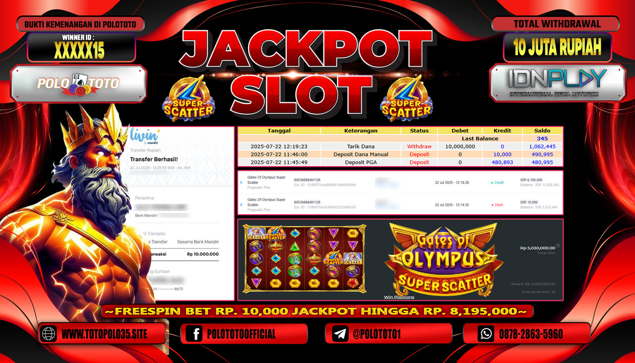 POLOTOTO JACKPOT SLOT GATES OF OLYMPUS SUPER SCATTER Rp.10.000.000,- LUNAS