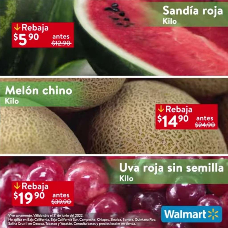 Walmart: Martes de Frescura 21 Junio: Sandía Roja $5.90 kg • Melón Chino $14.90 kg • Uva Roja sin Semilla $19.90 kg 