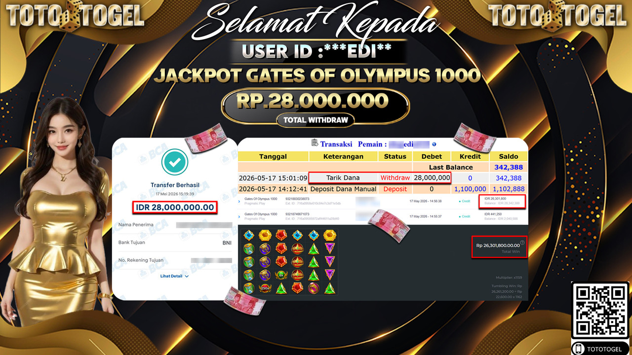 Bukti Pembayaran Jackpot Permainan Slot Gates Of Olympus 1000 ID:***EDI** LUNAS
