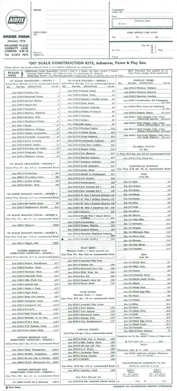 Airfix Order Form January 1970 OO Scale Kits 1