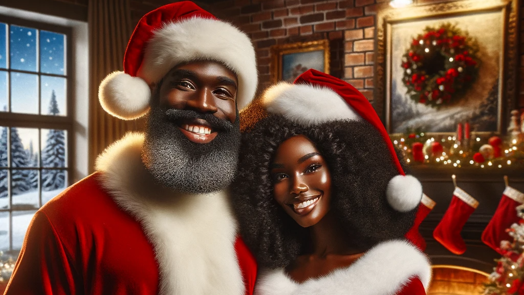 DALL-E-2023-11-06-15-52-40-An-image-depicting-a-Black-man-dressed-as-Santa-Claus-and-a-Black-woman-a.png
