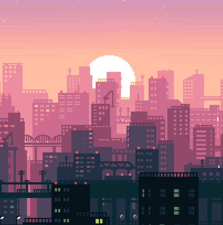 Sunset over a pixelated city