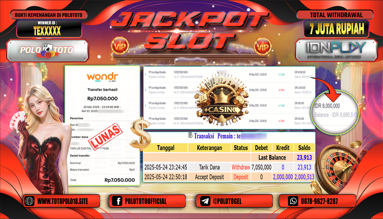 POLOTOTO JACKPOT SLOT PP LIVE MEGA ROULETTE Rp.7.050.000,-
