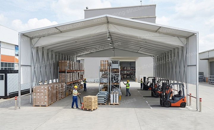 Retractable tunnel tent in retracted folded position saving space when not in use