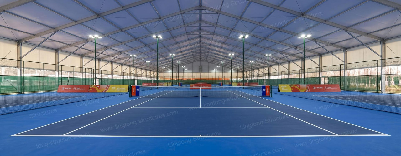 Large span aluminum modular sports tent with clear interior for tennis, basketball and multi-sports activities