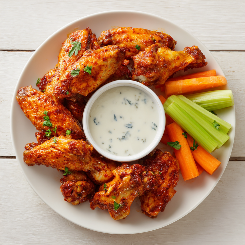 Air fryer buffalo chicken wings served with celery and dip