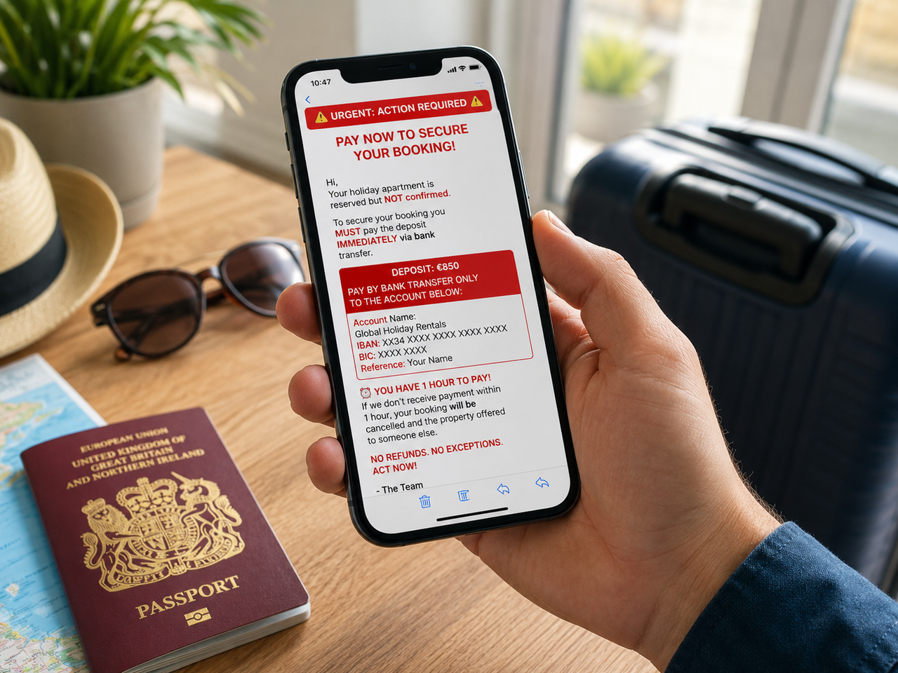 Suspicious travel message pressuring someone to pay a deposit by bank transfer