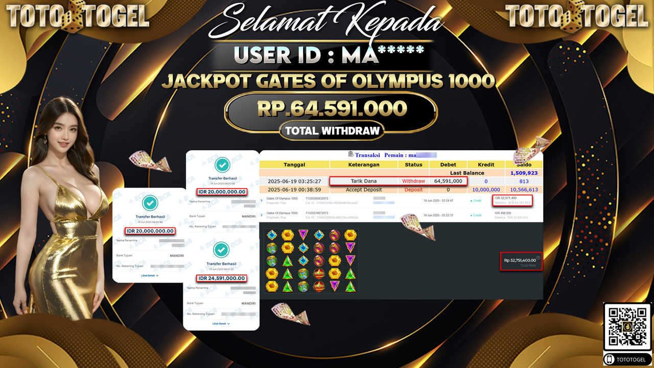 Bukti Pembayaran Jackpot Permainan Slot Gates Of Olympus 1000 ID:MA***** LUNAS