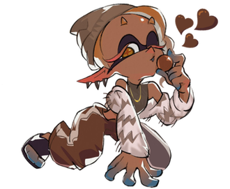A transparent of Frye's official chocolate Splatfest art from Splatoon. She's on her knees and winking at the viewer, holding up a round piece of chocolate. She has hearts next to her head.